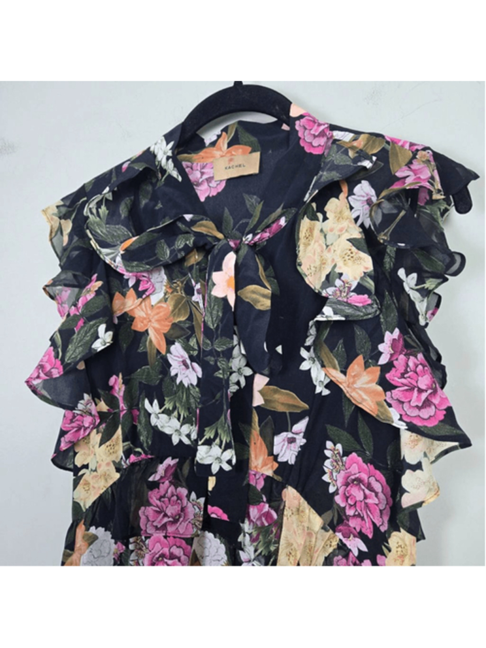Kachel Womens Ruffle Silk Floral Midi Dress Size 8 Black Tiered Fairy Romantic - Picture 4 of 9